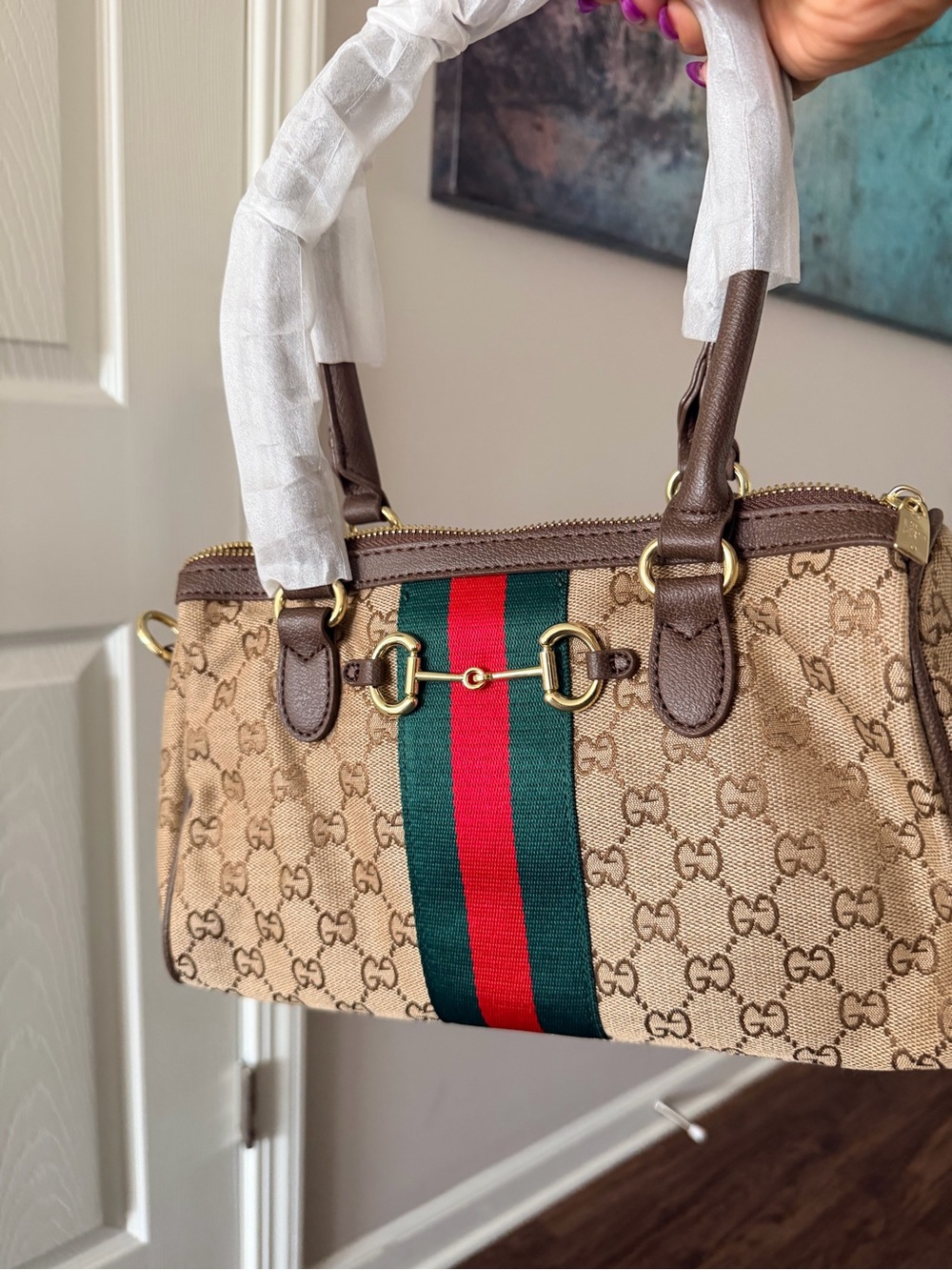 Brown GG Supreme Canvas Shoulder Bag with Red/Green Stripe